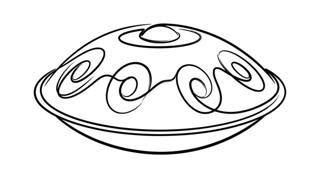 A simple outline drawing of a handpan drum with swirling decorative patterns on its surface