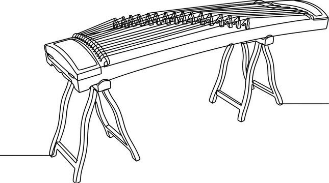 Vector line art illustration of a traditional stringed instrument, a long plucked zither with multiple strings resting on its supports, symbolizing rich cultural heritage and classical music