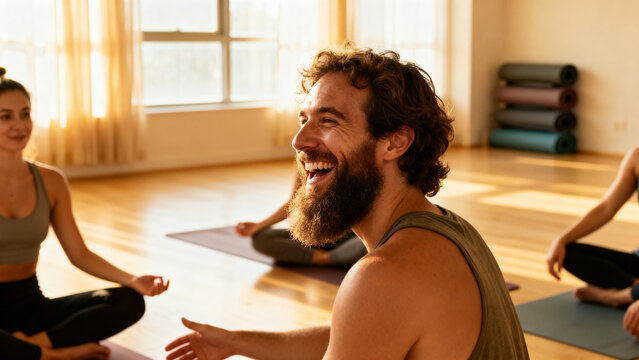 Man with a beard laughing while talking with people before a yoga class in a studio
 without text