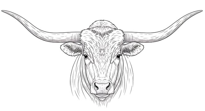 Line art of a longhorn steer's head, detailed and centered on a white background