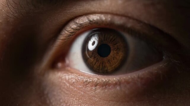 Extreme close up of a wide open human eye with a dilated pupil showing intense shock and fear. Dramatic macro detail for suspenseful concepts, psychological thrillers, or horror