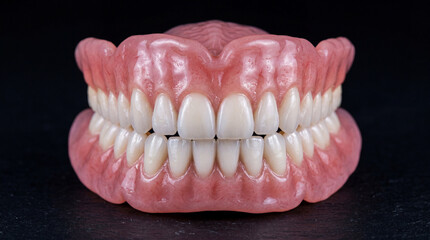 Obraz premium Full Dentures Upper Lower Plate Close Up Realistic Gum Pink Teeth White