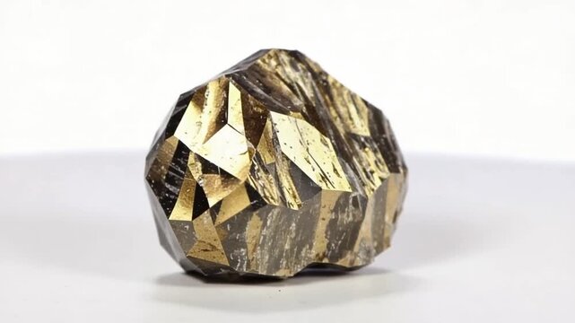 Macro shot of a pyrite crystal, also known as fools gold, featuring a brassy yellow metallic sheen and sharp geometric facets, set against a plain white studio backdrop.