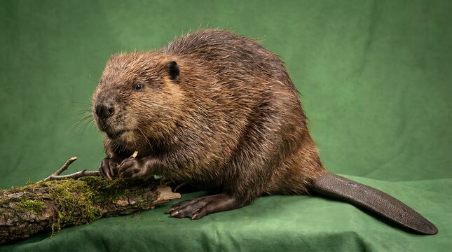 A realistic, detailed photograph captures a North American beaver with its characteristic flat tail and brown fur, perched on a mossy branch, showcasing its rodent features and natural habitat