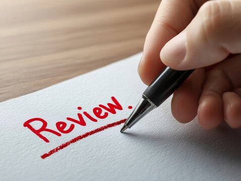 紙に書かれた赤いReviewの文字にペンで下線を引く手元のアップのビジネスイメージ
