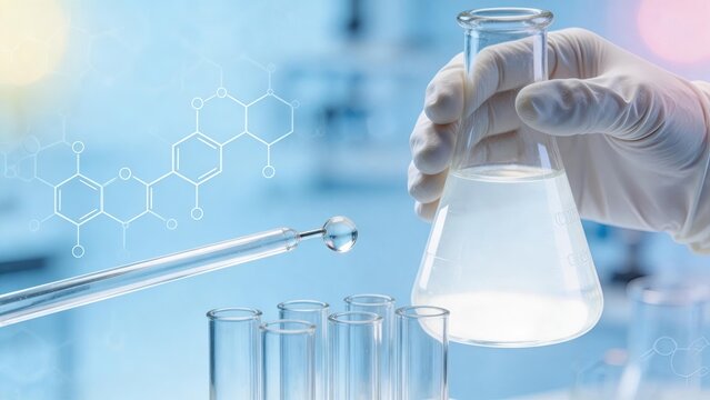 Scientist hand in latex glove holding glass flask with clear liquid pipette dripping water drop into test tubes chemical structure overlay laboratory research pharmaceutical