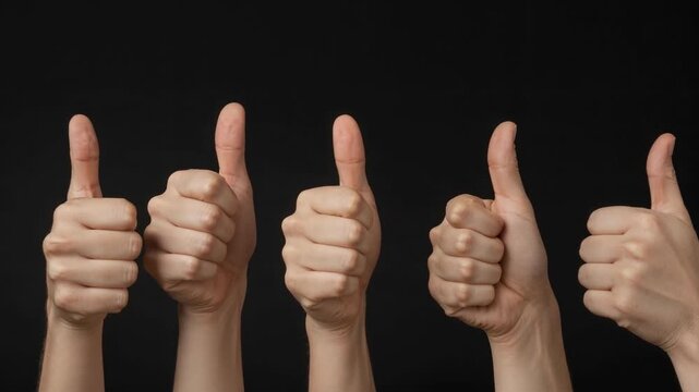 Five Hands Giving Thumbs up Gesture in a Row Against Black Background for Approval or Positive Feedback Concept