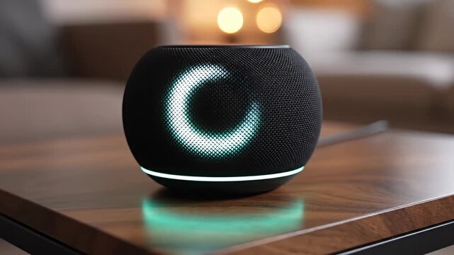 Modern smart speaker with blue light on wooden table at home