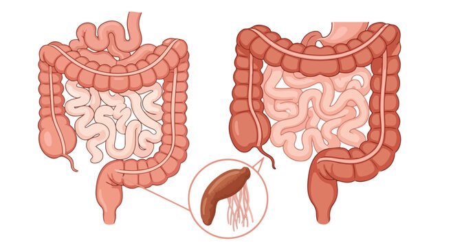 Illustration comparing a healthy human colon with an inflamed appendix and diverticula indicating disease