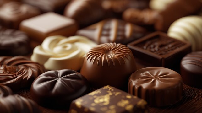 Luxury chocolate assortment dark milk bonbons squares circles flowers swirls gourmet dessert sweet confection elegant texture glossy decoration topview flatlay soft lighting shallow depth rich surface
