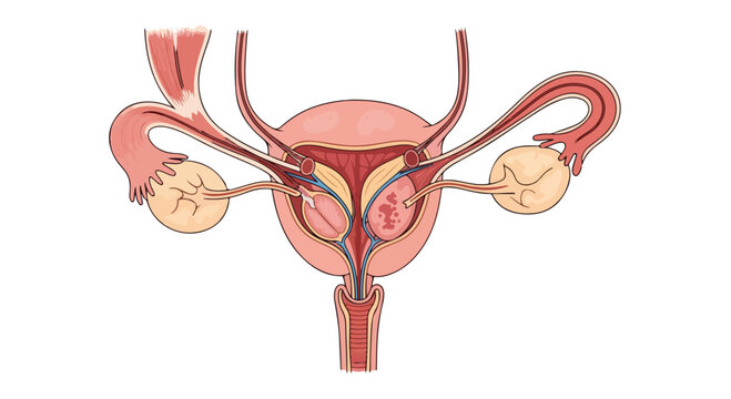 Anatomical illustration of the female reproductive system including ovaries, fallopian tubes, uterus, and cervix