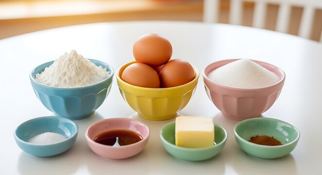 A colorful arrangement of baking ingredients in bowls ready for preparing a homemade recipe. kids cooking competition 