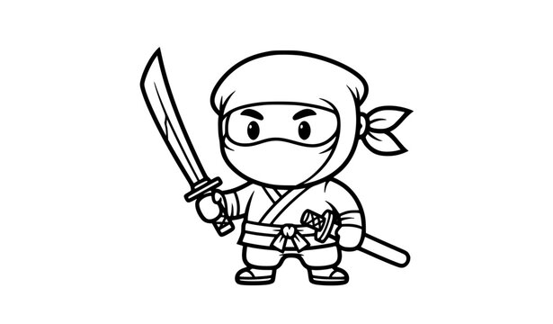 Cute cartoon ninja with katana coloring page outline vector kids printable character