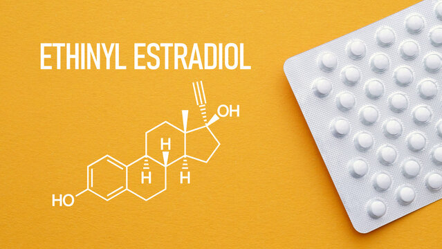 Ethinyl estradiol synthetic estrogen concept for hormonal contraception, birth control pills, women health, endocrine system, pharmacology, medication use and reproductive health care