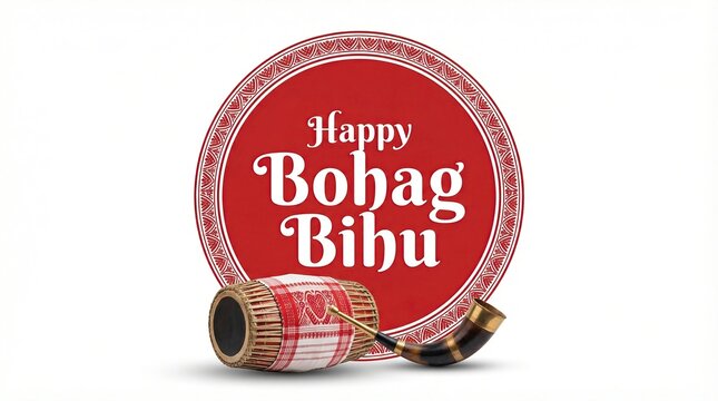 Happy Bohag Bihu Festival Background with Assamese Dhol Pepa and Gamusa on White with Copy Space