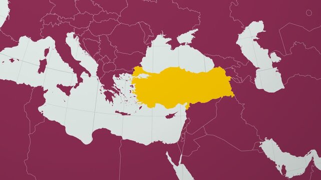 Turkey map. Animated zoom into the country on the Globe in Pale Mint Dark Pink color palette. Country logo animation with round text and airplanes. Map with meridians, parallels. Alive video.