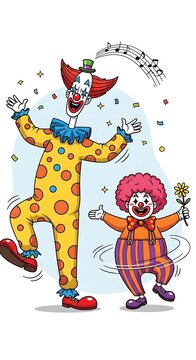 Joyful Clowns Dancing Merrily with Confetti and Musical Notes, Celebrating a Festive Performance.