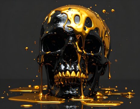Creepy black human skull covered in melting liquid gold isolated on dark background.