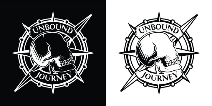 Striking black and white vector graphic featuring a human skull overlaid on a navigational compass rose design labeled unbound journey