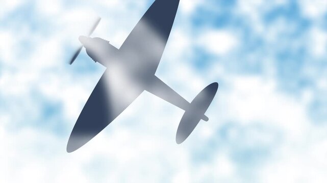 warbird spitfire airplane aircraft from the second world war II flypast transition over a blue sky with white clouds flying overhead in plan view silhouette form with copy space for titles or effects 