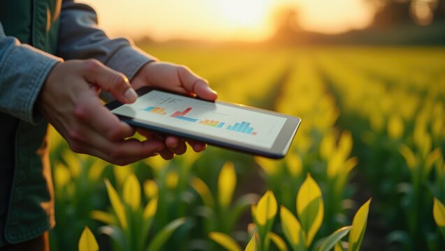 Close-up of Farmer Using Digital Tablet with Financial Charts and Data Analysis in Green Field at Sunset, Smart Agriculture and Agrotech Concept