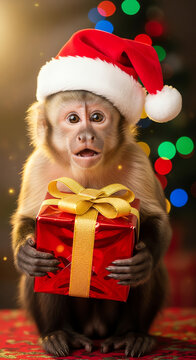A surprised monkey wearing a Santa hat holds a wrapped gift in front of a Christmas tree with colorful lights, conveying a festive holiday mood.