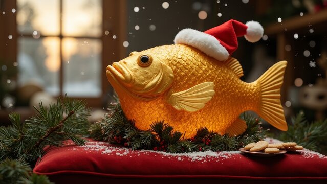 Christmas fish ornament with Santa hat glowing in the dark. Indoor winter holiday decoration on table or tree.