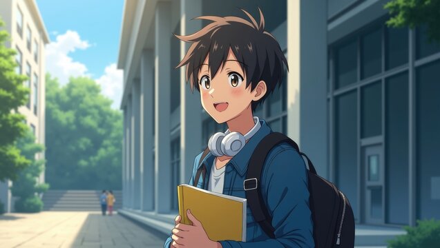 Portrait of a Happy Male Anime Student with Backpack and Headphones holding a Yellow Folder on University Campus, Youth Lifestyle Concept