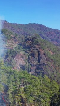 Scenic view of forested mountain slopes with mist or smoke rising in the Bontoc and Sagada area of the Philippines. Clear blue sky contrasts with the rugged terrain and pine trees.