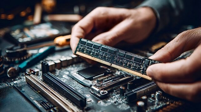 Technician installing ram module into computer motherboard slot