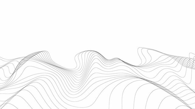 Minimalist topographic line art forming a clean white landscape with thin black flowing curves representing a modern digital surface and architectural design concept