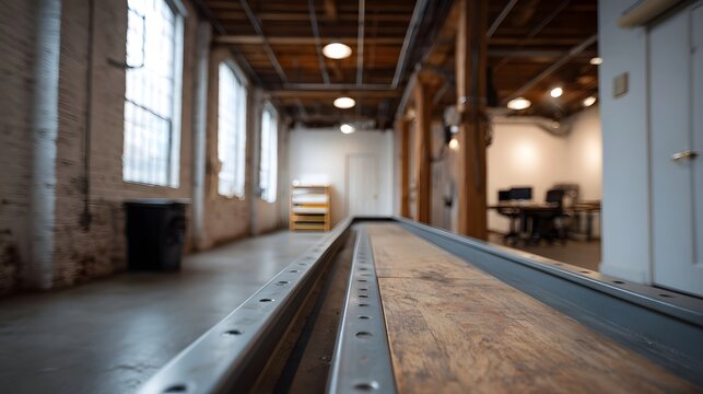 Spacious industrial loft interior featuring exposed brick wooden beams large  and a prominent shuffleboard table