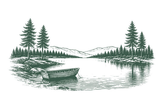 Classic Engraving Style Vector Illustration Featuring a Wooden Boat on a Calm Lake Surrounded by Pine Trees and Distant Hills Landscape