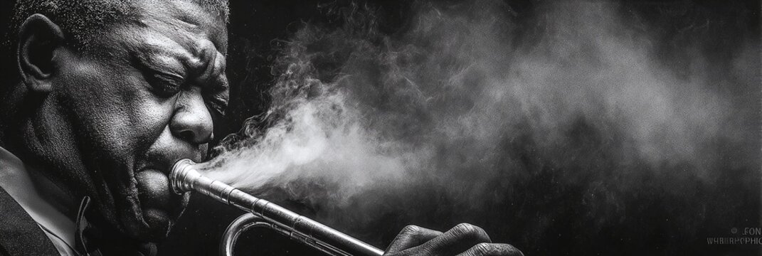 A man plays a trumpet with smoke rising from it in a dark environment.