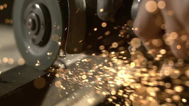 A person uses a grinding tool on a metal piece in a workshop. Sparks fly as the tool cuts through the metal. The workspace is filled with tools and materials for metalworking.