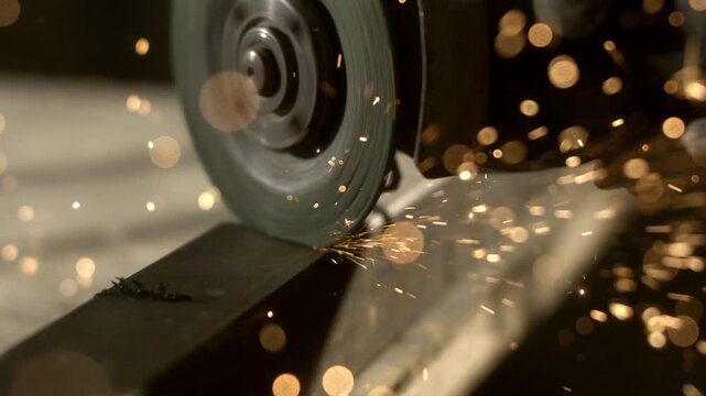 A worker uses a grinding tool on metal in a workshop. Sparks are flying as the tool creates smooth edges. The focus is on the grinding process and its effects.