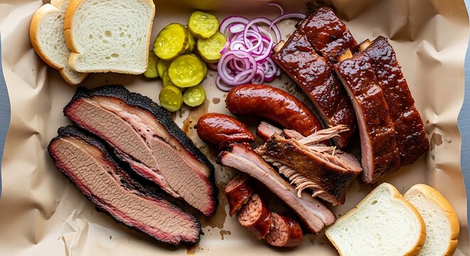 A delicious platter featuring smoked beef brisket, grilled sausages, and ribs on a rustic tray. texas bbq