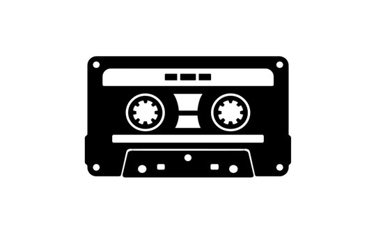 Retro black and white cassette tape icon on white background