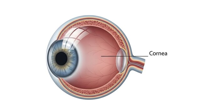 Sagittal cross‑section anatomical illustration of the human eye highlighting the clear curved cornea at the front of the globe, showing its position relative to iris, pupil and internal layers for opt