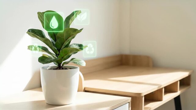 Growing a fiddle leaf fig plant in a bright room with a wooden desk and modern decor