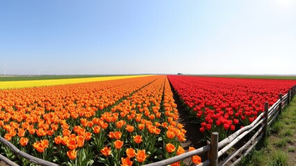 Fototapeta premium A field of red and yellow tulips in the sun.