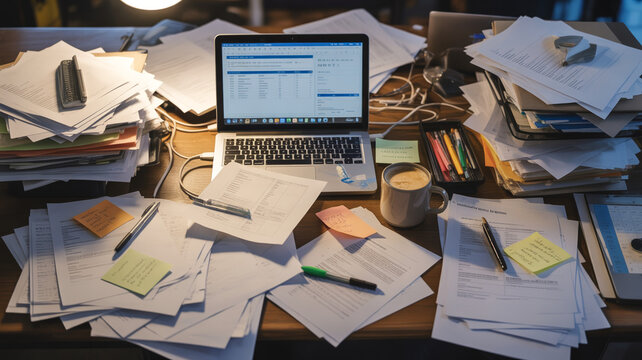 Messy Office Desk with Laptop Papers and Coffee Mug Under Warm Light