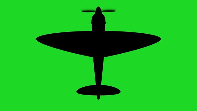 world war II (second world war) fighter plane like a spitfire, hurricane or mustang warbird with spinning propeller black silhouette isolated on a green screen chroma key background 4K animation