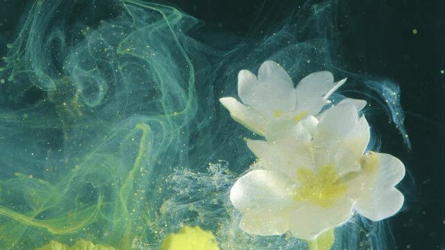 White blossom rising through teal mist with golden flecks, wellness branding visual that evokes calm, petals layered like gentle waves, clean studio