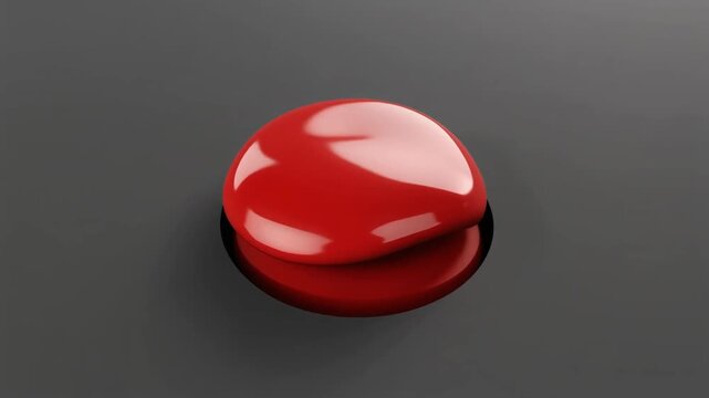 Close-up 3D render of a glossy red circular button with high-shine highlights and reflections, positioned on a smooth dark gray surface for a minimalist user interface concept.