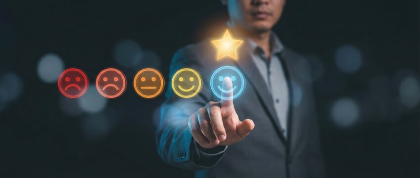 Customer feedback evaluation corporate office digital interaction dark setting close-up view enhancing user experience through emotions