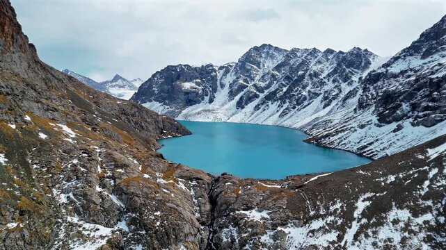 Blue Alpine Lake Ala Kul Surrounded by Snowy Peaks