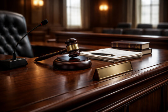 Professional judges desk in a modern courtroom interior with wooden bench gavel and legal documents