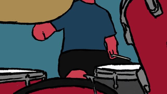 animation of drummer playing fill in and beat on drum set. vintage retro style colour rotoscope animation.