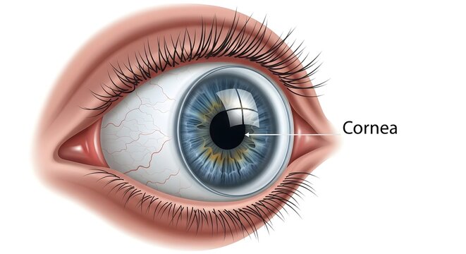 Close frontal anatomical illustration of the human eye emphasizing the transparent cornea over the iris and pupil, depicting surface detail, limbal region and surrounding eyelids and lashes for unders